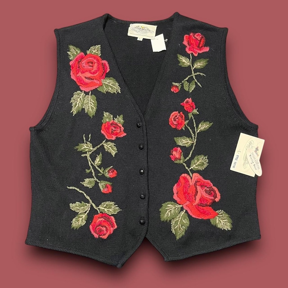 Vintage Floral Beaded Sweater Vest Size Large NWT Cottagecore Grandmacore